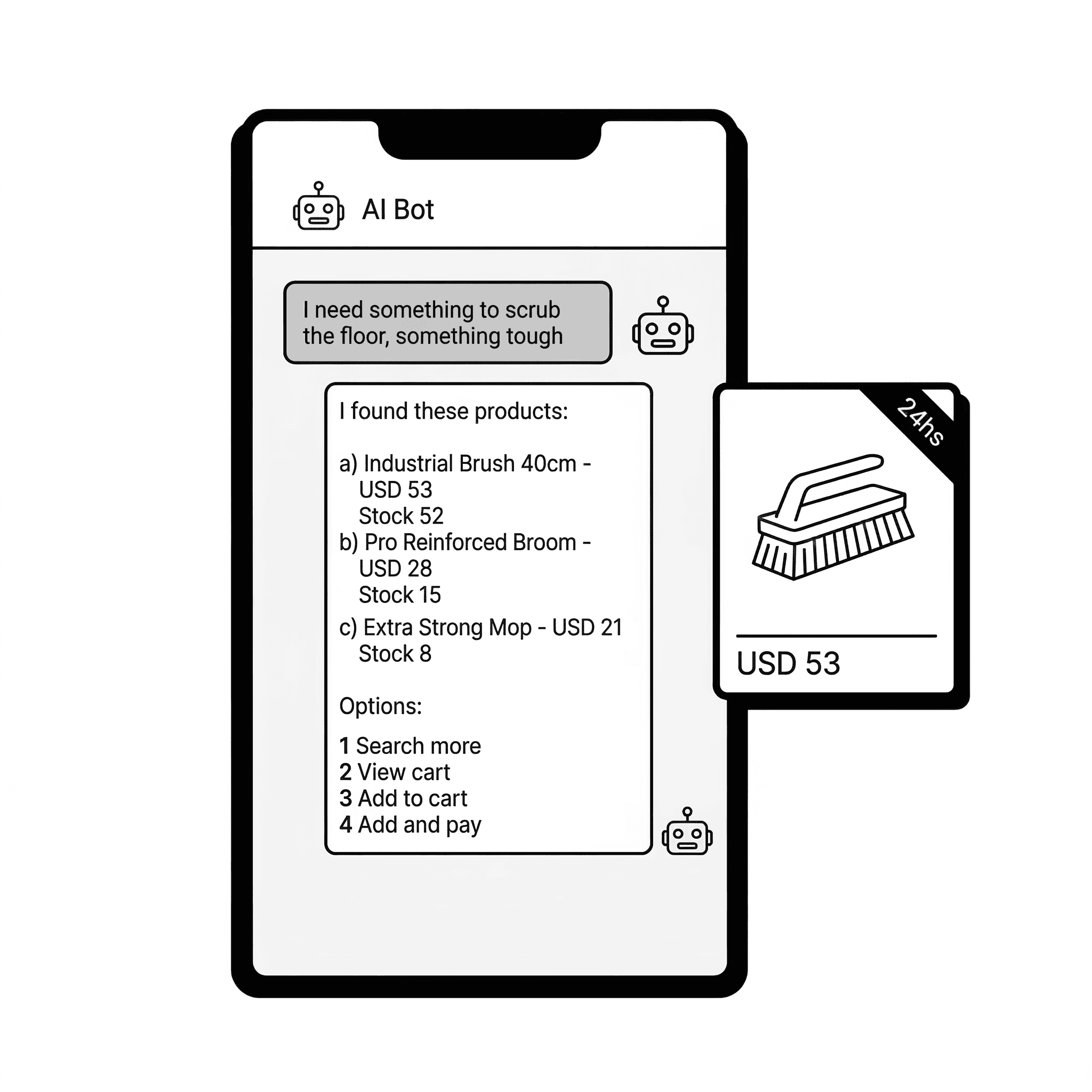 Dialo.ar AI chatbot: customer asks for a product, bot responds with options and price